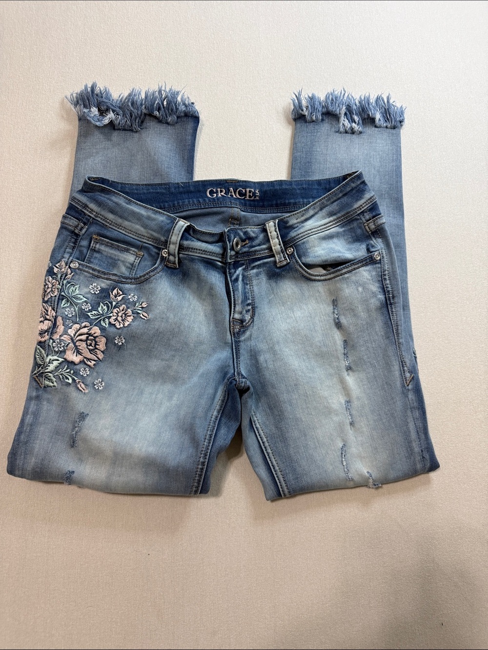 Grace Light Blue Cropped Embroidered Frayed Hem Jeans